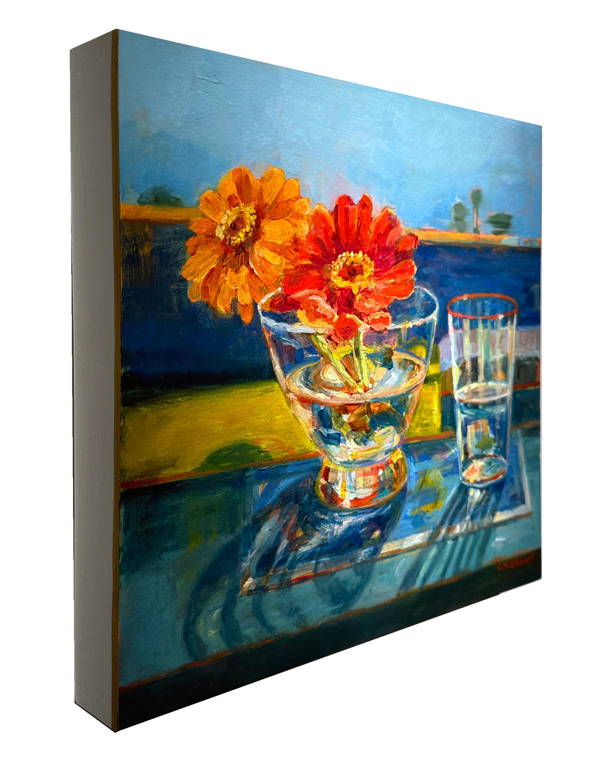 Zinnias et Diebenkorn - Nature morte impressionniste colorée à l'huile en vente 4