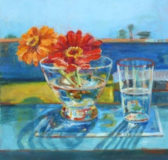 Zinnias et Diebenkorn - Nature morte impressionniste colorée à l'huile