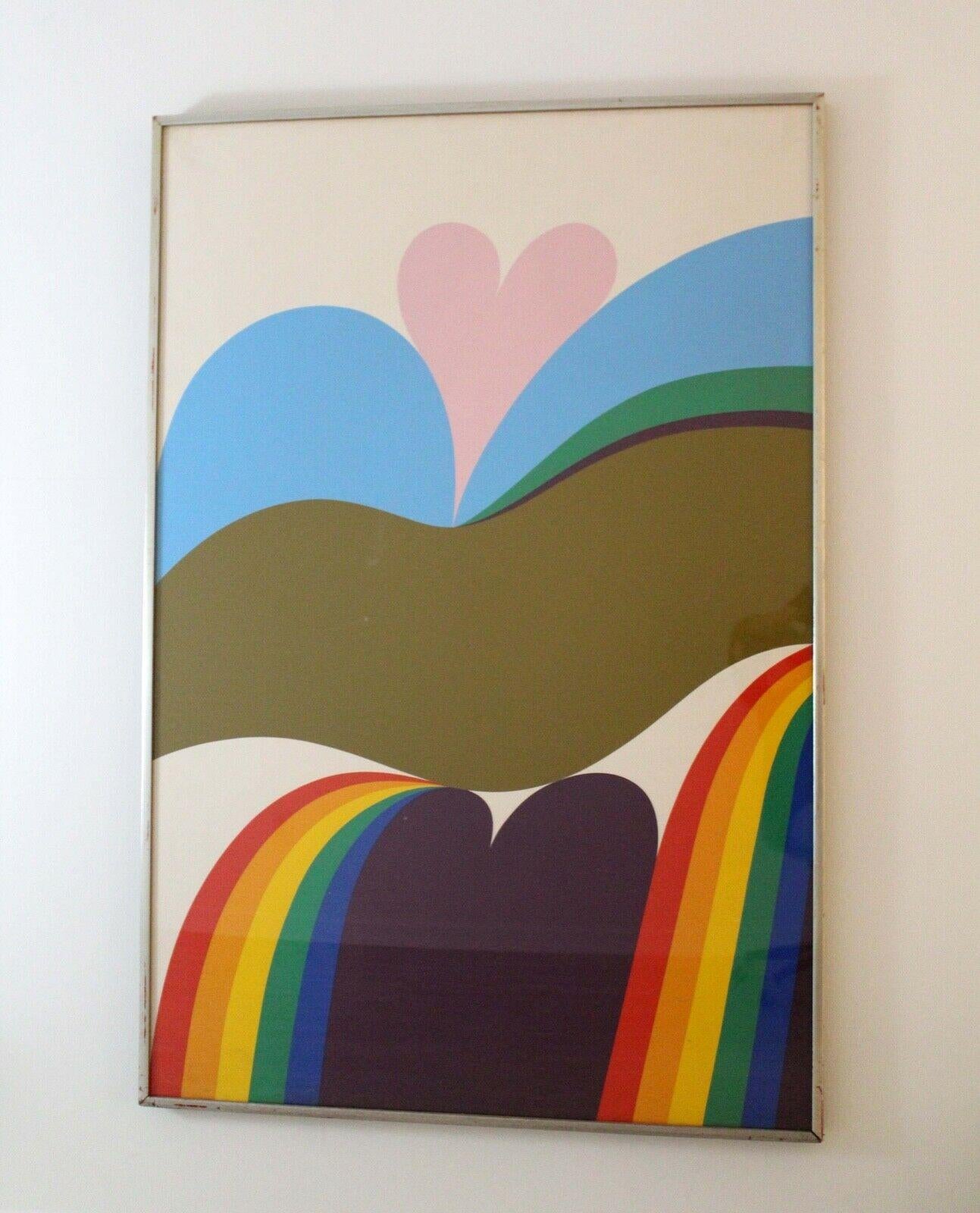 Le Shoppe Too in Michigan is offering a fantastic silkscreen print titled Heartrise by Carol Summers. Signed in pencil with an annotation of 51/75, circa 1970s. The bright swirling rainbow and heart motif makes a groovy statement, which would be