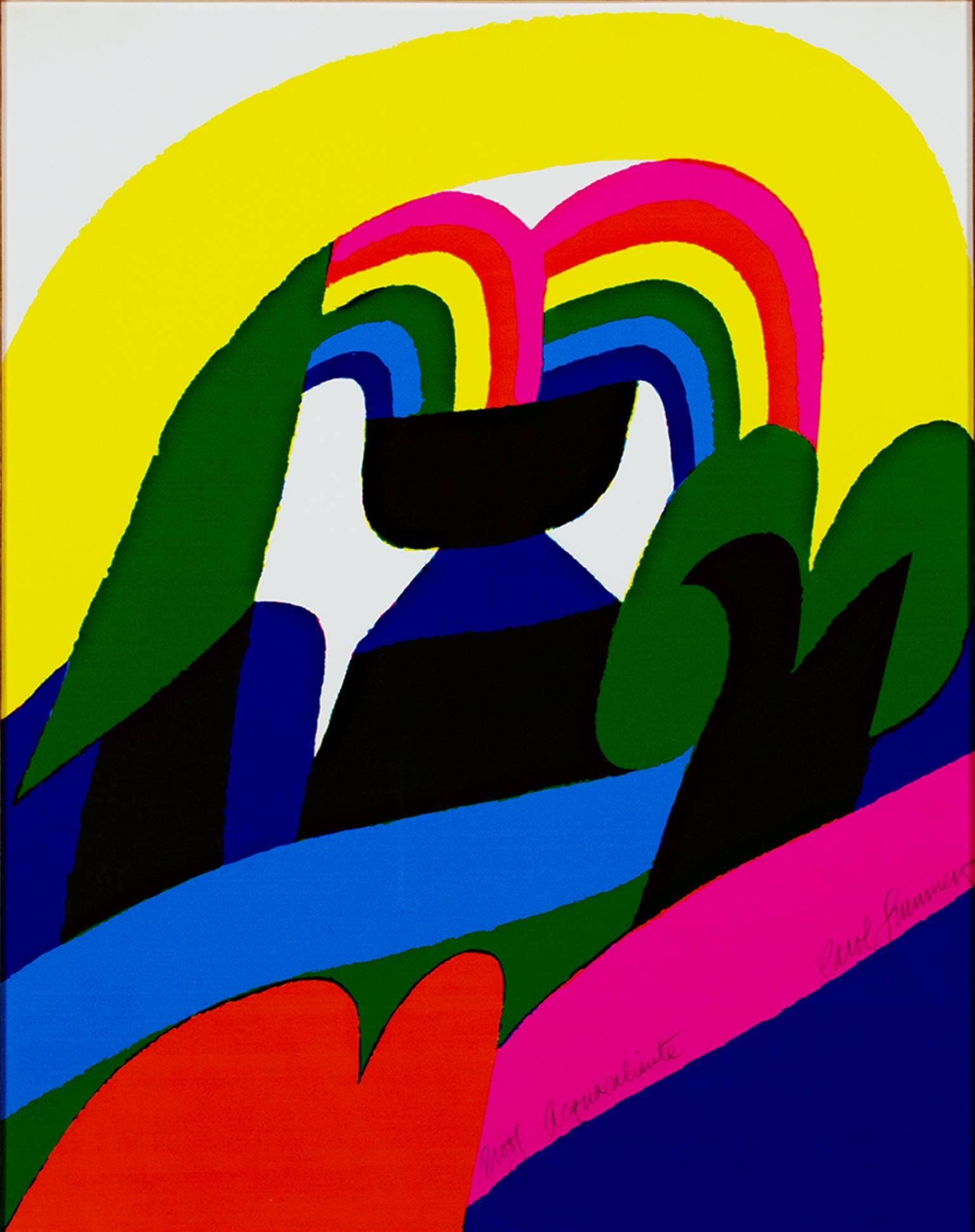 "Acquacaliente" est une gravure sur bois originale en couleur de Carol Summers. L'artiste a signé l'œuvre en bas à droite. Cette gravure sur bois représente une fontaine faisant jaillir des arcs-en-ciel à l'arrière-plan d'un paysage coloré. Il