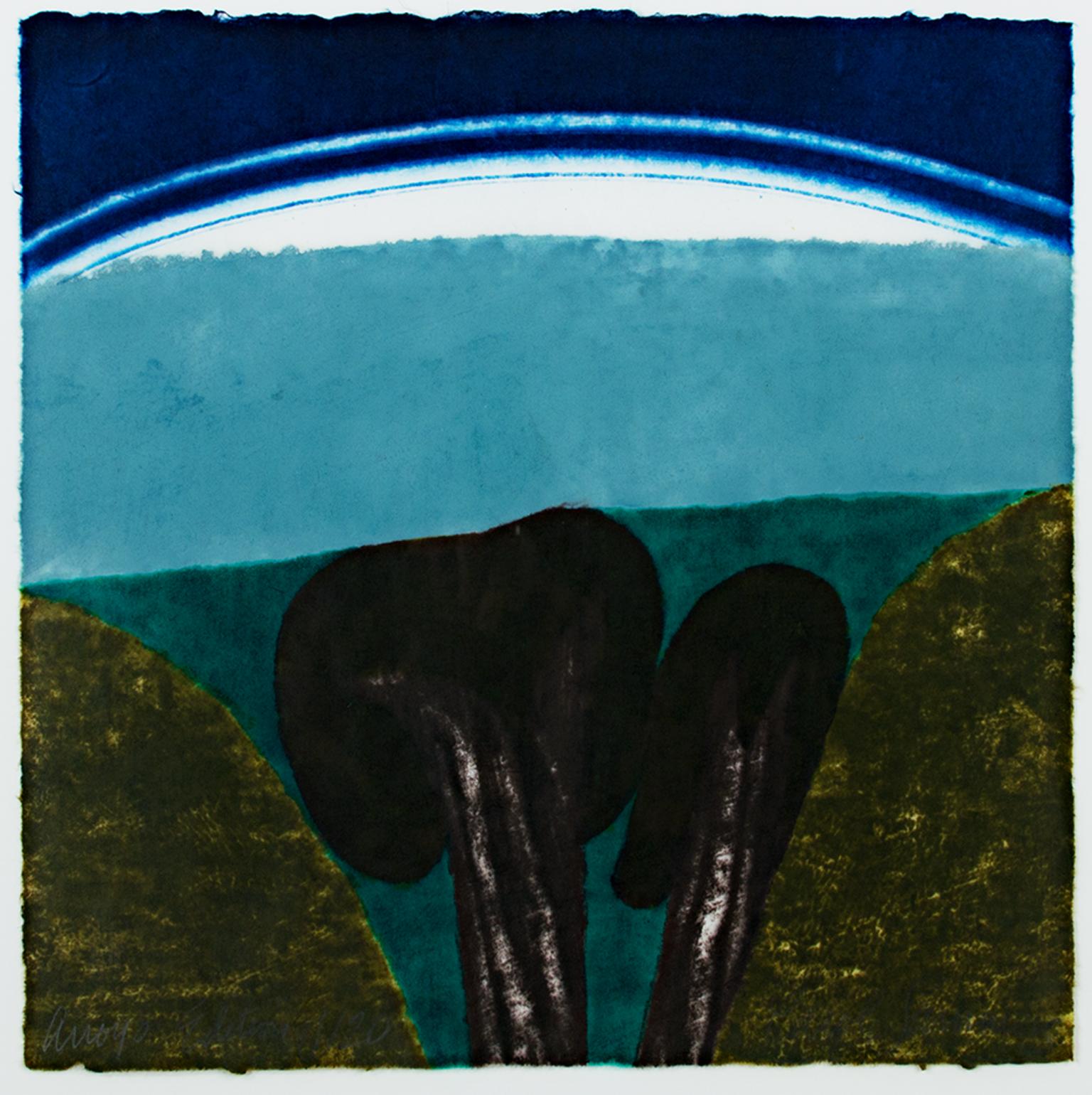 "Arroyo" est une gravure sur bois et un monotype originaux de Carol Summers. L'artiste a signé l'œuvre. Il est issu d'une édition de 120 exemplaires et représente un paysage abstrait dans les tons bleus et verts. 

14 1/4" x 14" art
cadre de 24 1/2