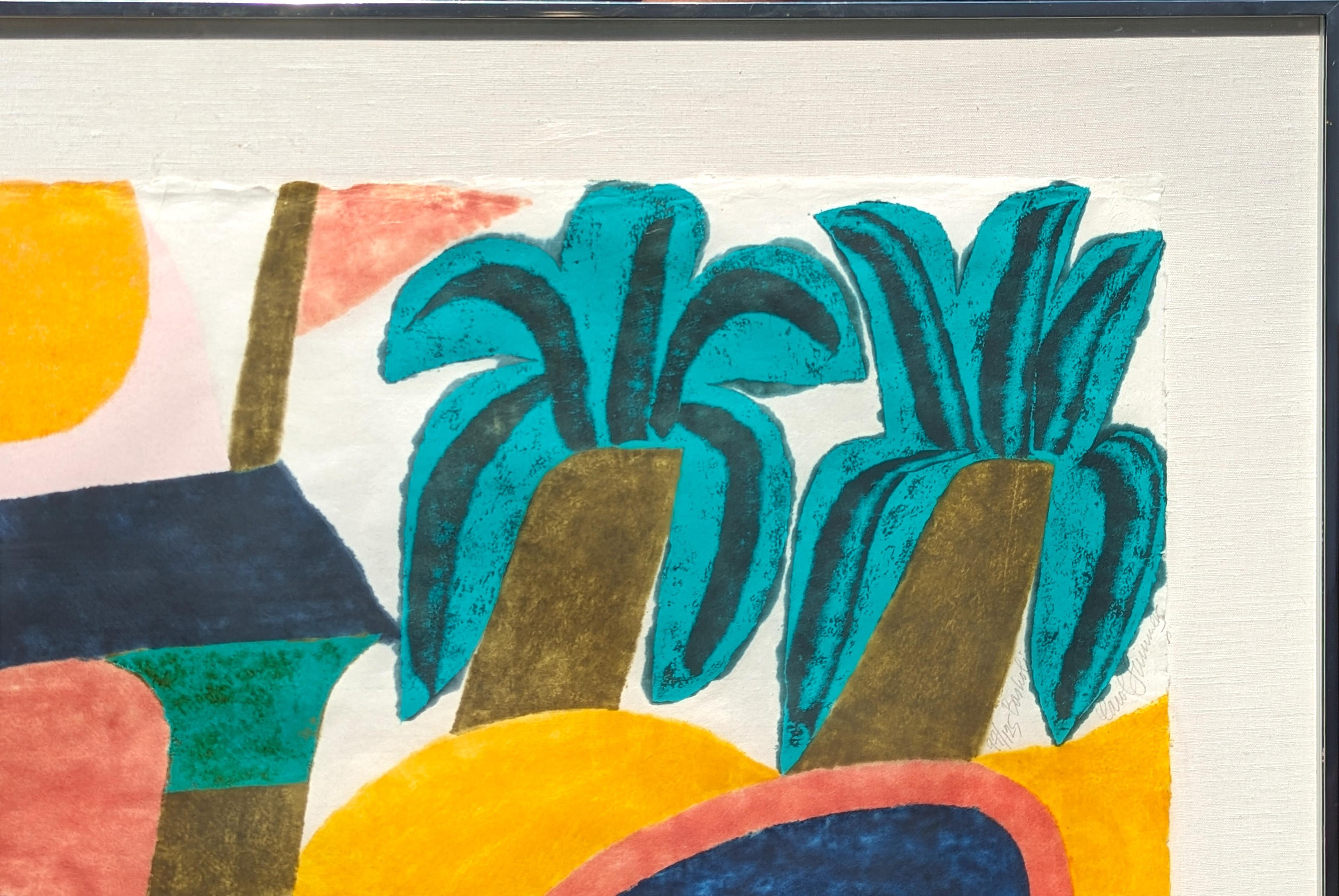 Grabado xilográfico de un colorido paisaje abstracto de la artista moderna Carol Summers. La obra muestra una representación en bloques de color de Basholi, una ciudad cercana a Kathua (India). Firmado, titulado y editado dentro de la obra.