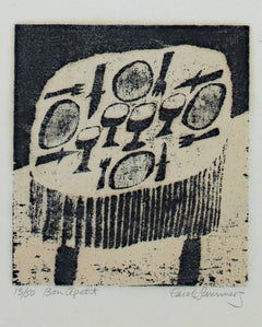 Retro "Bon Apetit, " Original Black and White Woodcut by Carol Summers