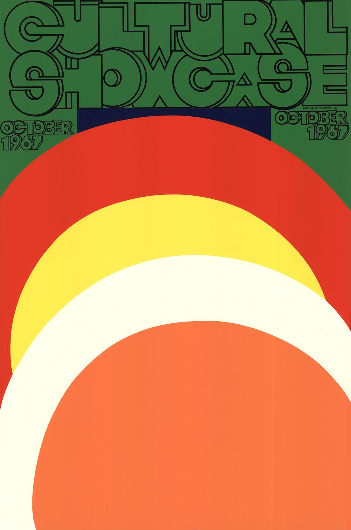 Affiche d'exposition de Caroil Summers publiée par LIST ART en 1967 pour le Cultural Showcase. La sérigraphie présente des plis sur toute sa surface. Estampillé à l'aveugle dans le coin inférieur gauche 'Chiron Press New York'.
