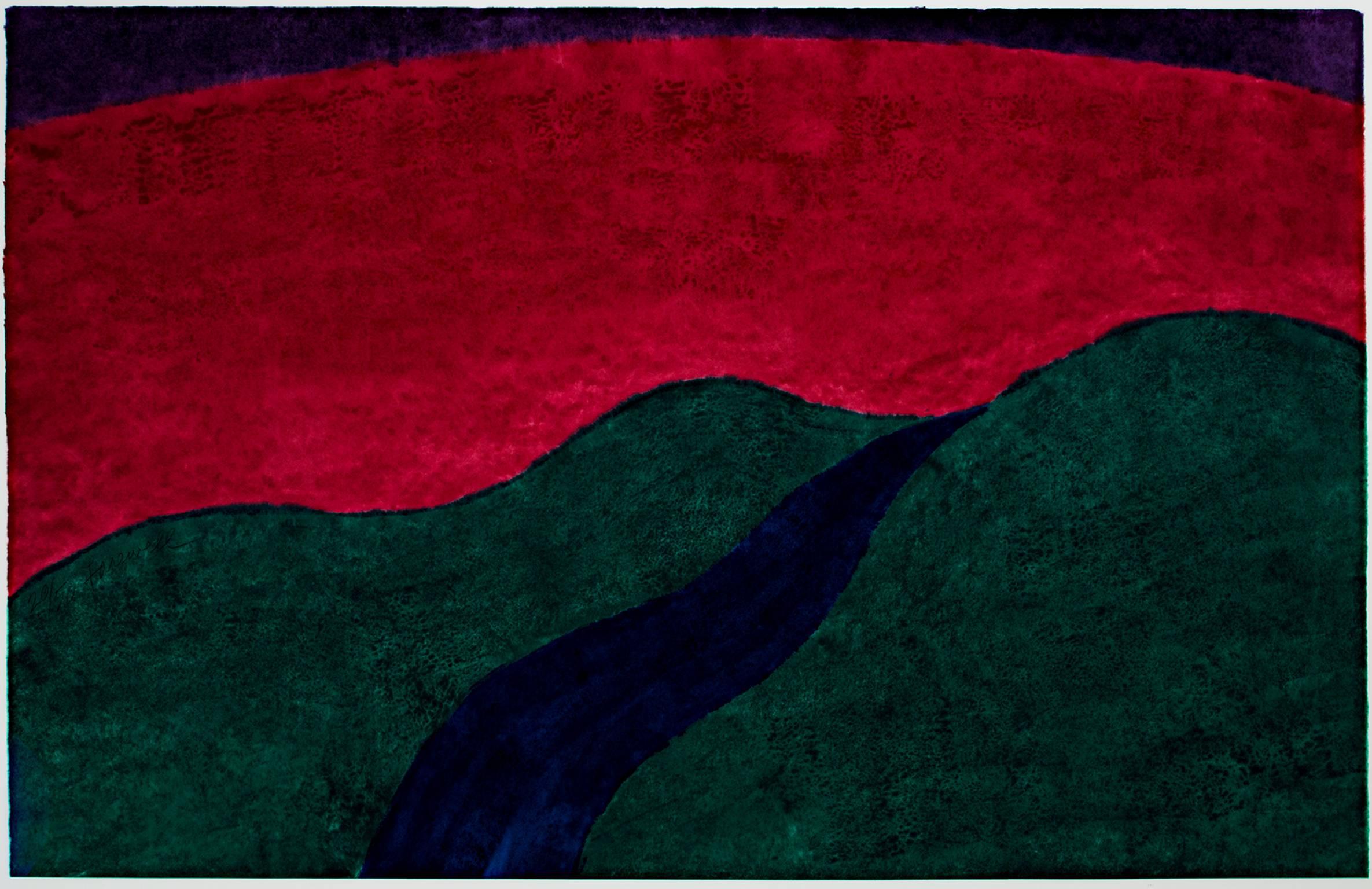 „Farewell“ ist ein farbiger Holzschnitt von Carol Summers. Der Künstler hat das Werk signiert. Dieser Holzschnitt zeigt einen Fluss:: der durch grüne Hügel unter einem blutroten Himmel fließt. Die Auflagennummer lautet 20/50. 

24 1/4 Zoll x 37 Zoll