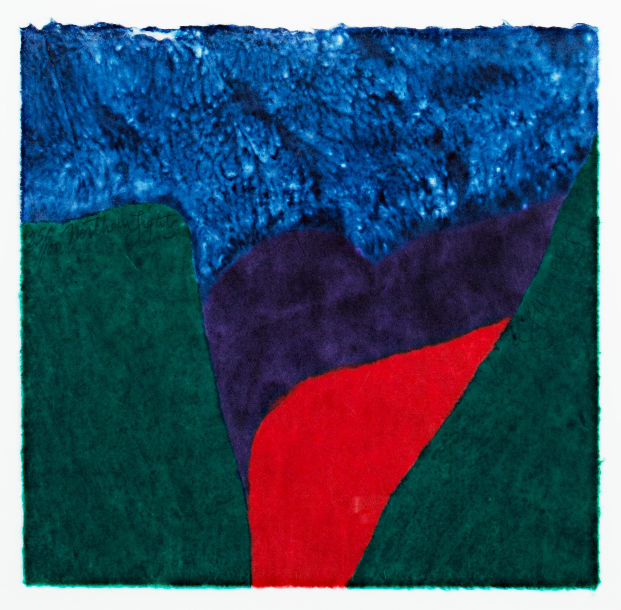 "Northern Lights" is a woodcut and monotype signed by Carol Summers. In the image, Summers offers a stylized landscape at nighttime. The vista is framed by green mountains to the left and right with purple peaks beyond the field of red. The texture