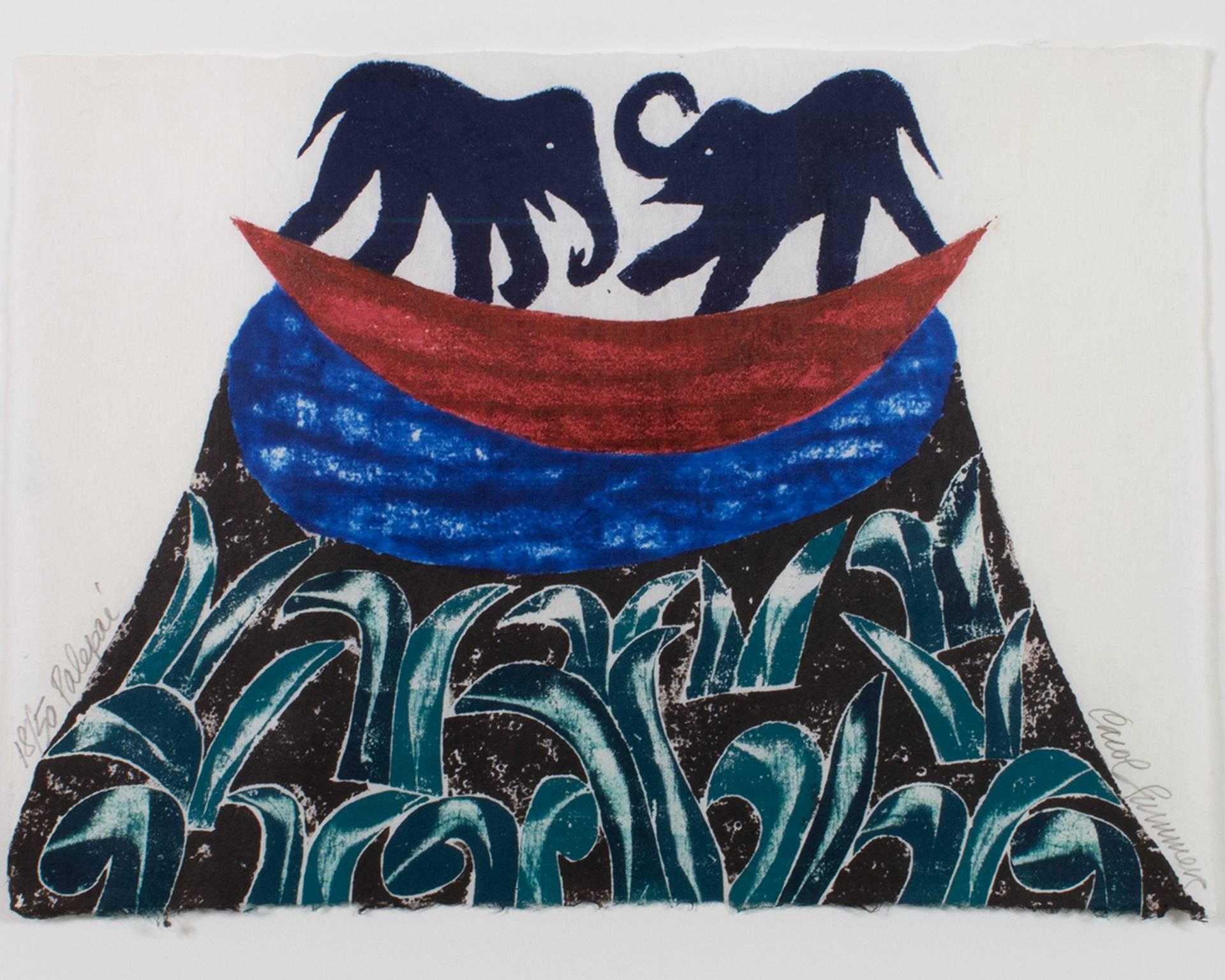 "Palepai" is an original color woodcut by Carol Summers. The artist signed the piece in the lower right and wrote the title and the edition number lower left. Palepai are weavings from Lampurg, Sumatra, depicting a ship or ships with animals (often