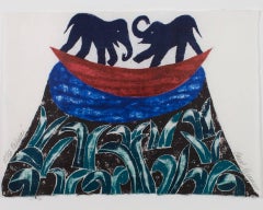 Used "Palepai, " Original Woodcut Abstract Landscape Elephants signed by Carol Summers