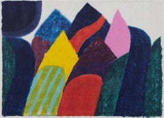 Retro "Phewa Tal, " Multicolored Abstract Landscape Woodcut signed by Carol Summers