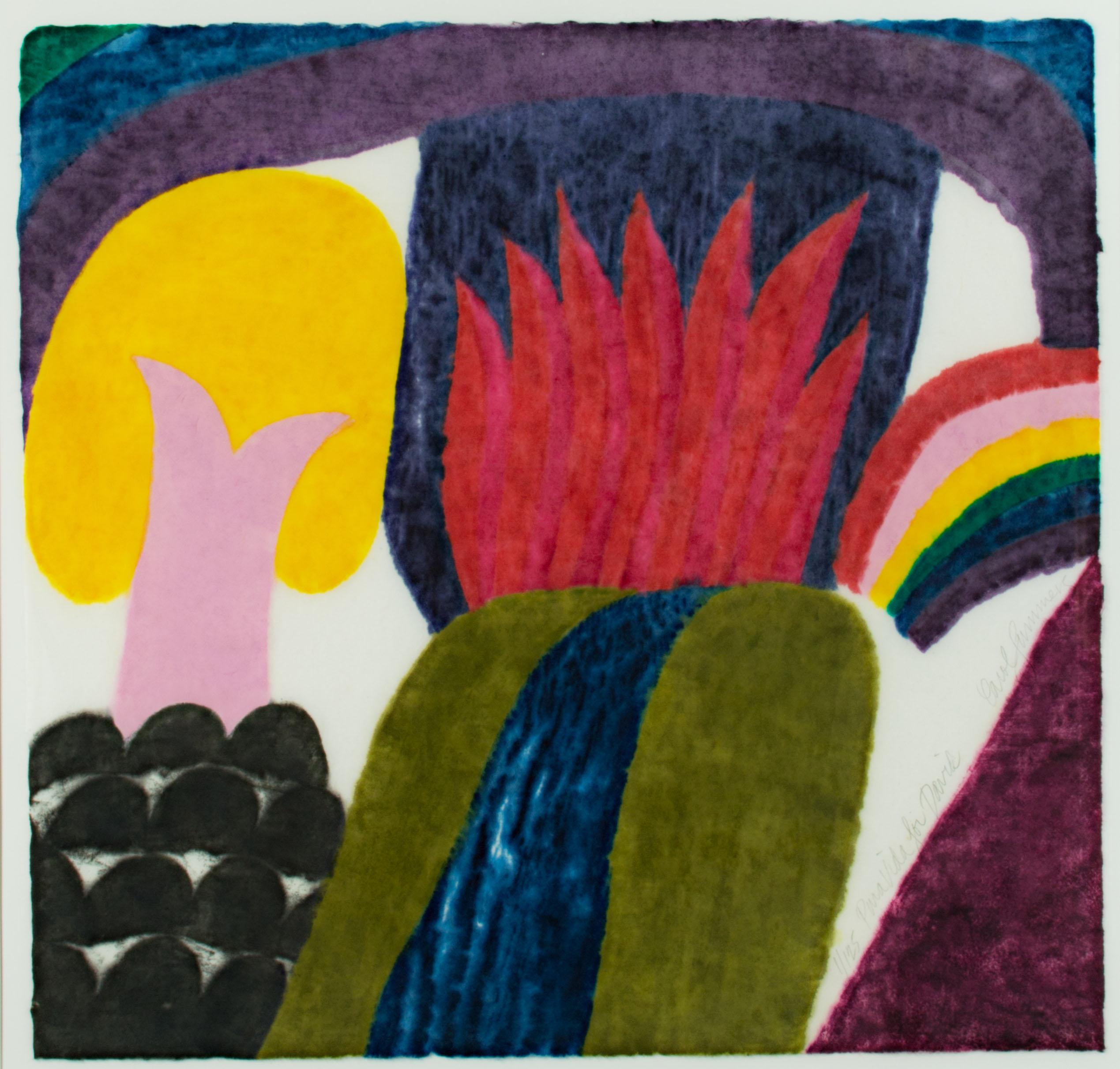 "Pura Vida" ist ein Original-Farbholzschnitt, signiert von Carol Summers. Ein mehrfarbiges Stück zeigt einen Wasserfall mit roten Flammen dahinter in der Mitte des Stücks. Auf der linken Seite steht ein Baum mit gelben Blättern auf einem Hügel. Auf