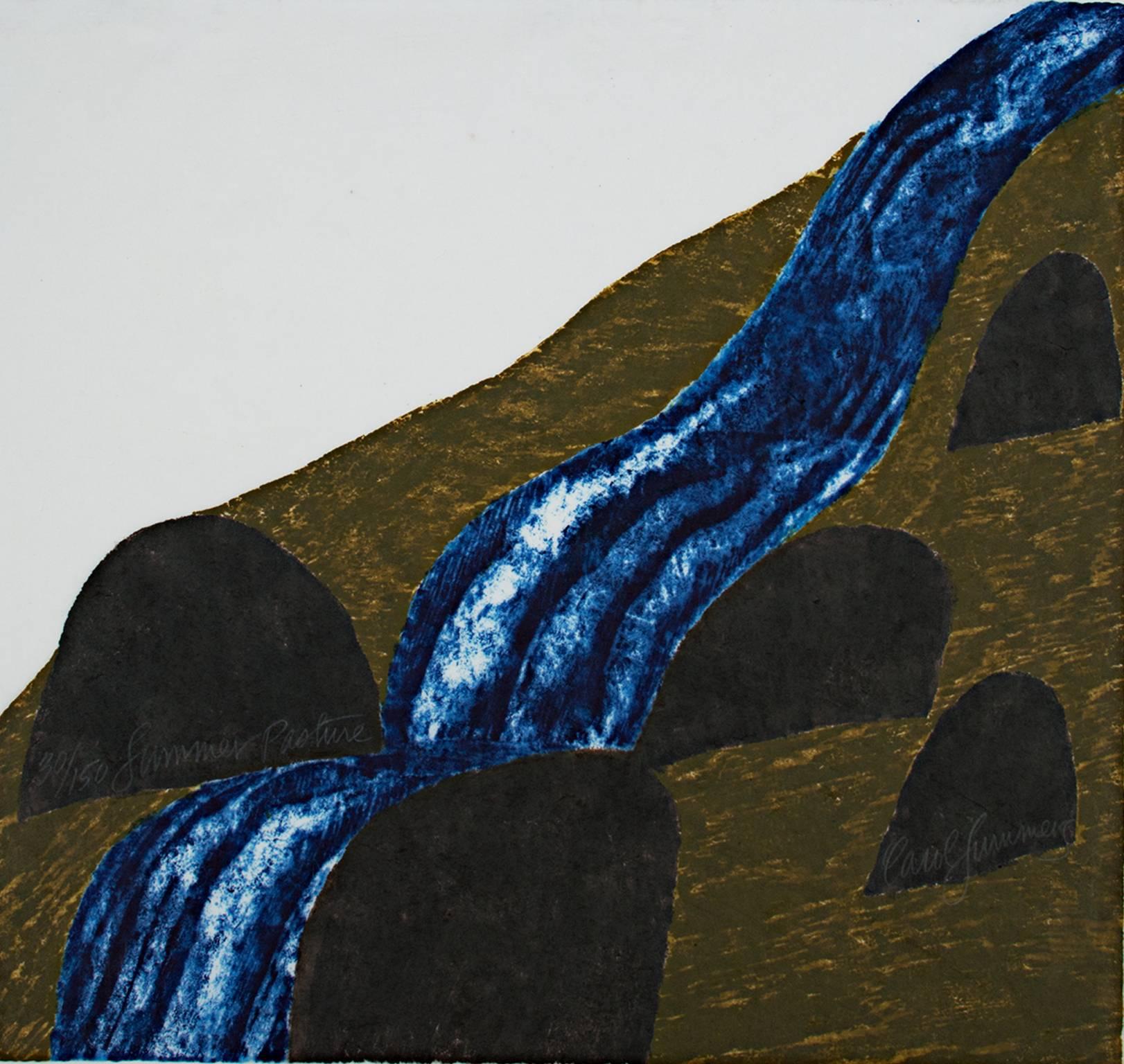 "Summer Pasture" is an original color woodcut by Carol Summers. The artist signed and titled the piece in the rocks in the image. This woodcut depicts a river flowing through an earthy landscape. It is edition 30/150

24 1/2" x 25" art
33 1/8" x 33