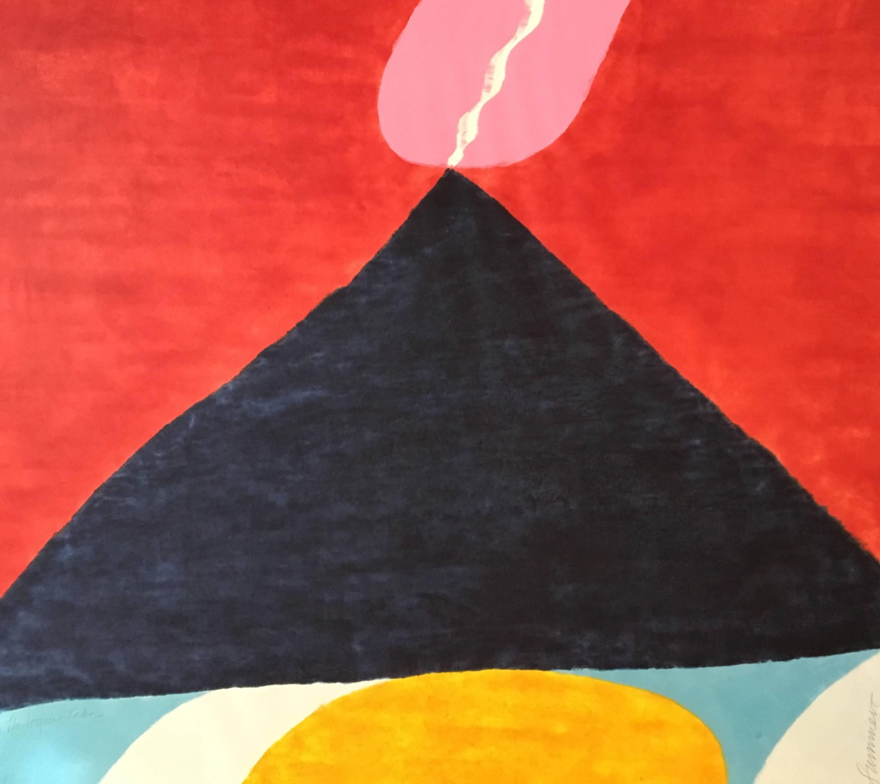 Wunderschöner Farbholzschnitt der bekannten Künstlerin Carol Summers. Leuchtend gesättigte Farben auf handgefertigtem Papier mit Büttenrand. Das Stück ist unter Plexiglas gerahmt. Das Stück ist auf der rechten Seite mit Bleistift signiert:: auf der
