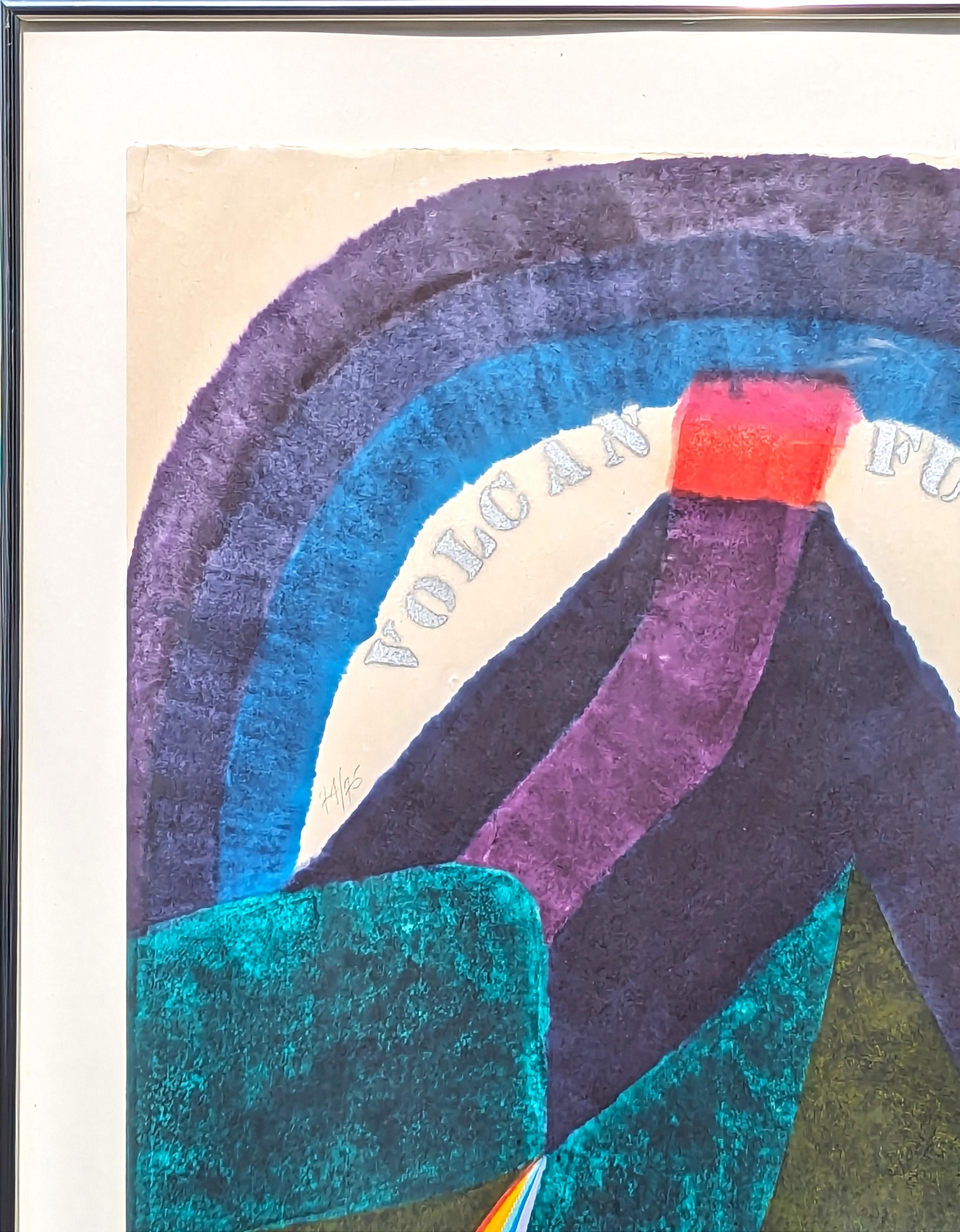 Colorful abstract landscape woodcut print by modern artist Carol Summers. The work features a color blocked depiction of a volcano with a rainbow. Signed, titled, and editioned within the work. Currently hung in a metallic silver floating frame.
