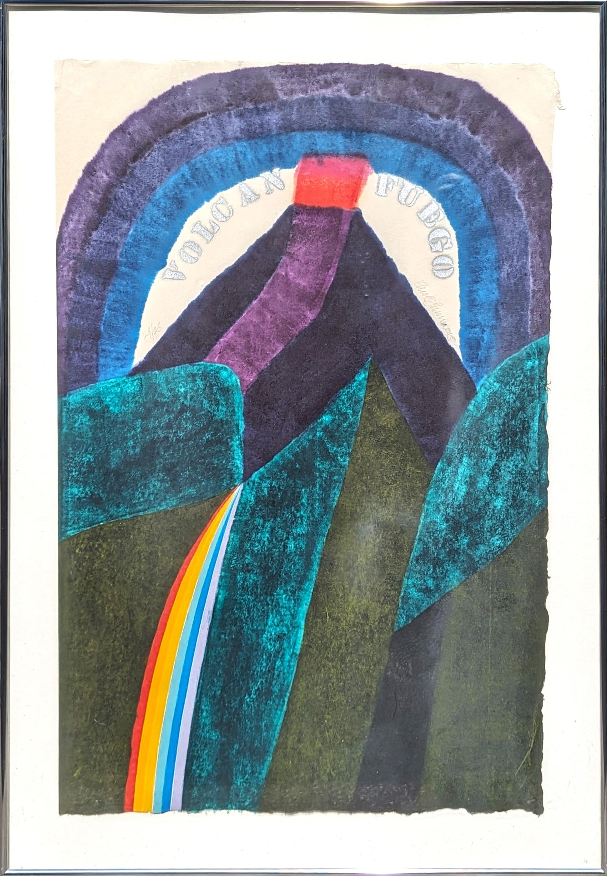 "Volcán de Fuego" Grabado xilográfico de paisaje abstracto moderno y colorista Ed. 74/75
