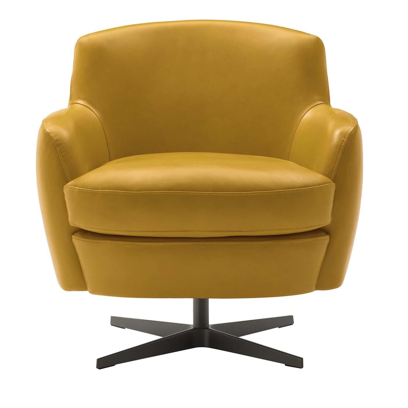 This elegant swivel armchair boasts a sophisticated and bold character that will make a statement in a modern living room, study, bedroom or office. The polished metal base features four metal spokes that allows for a 360-degree rotation. The