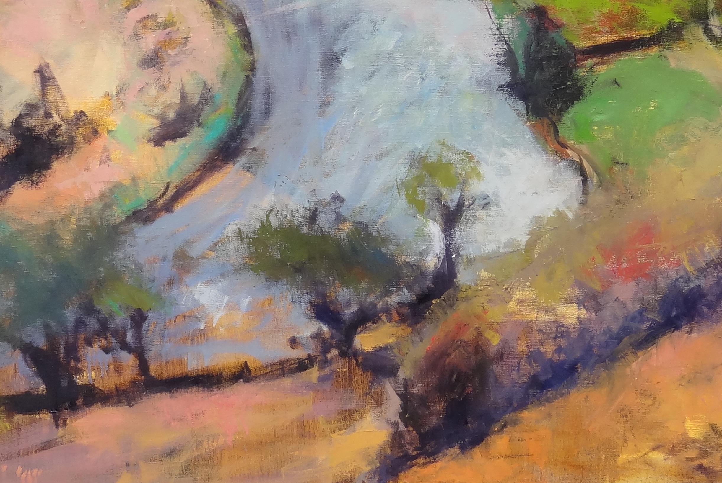 Big Rio, peinture à l'huile originale d'un paysage expressionniste contemporain sur lin - Expressionniste Painting par Carol Tippit Woolworth
