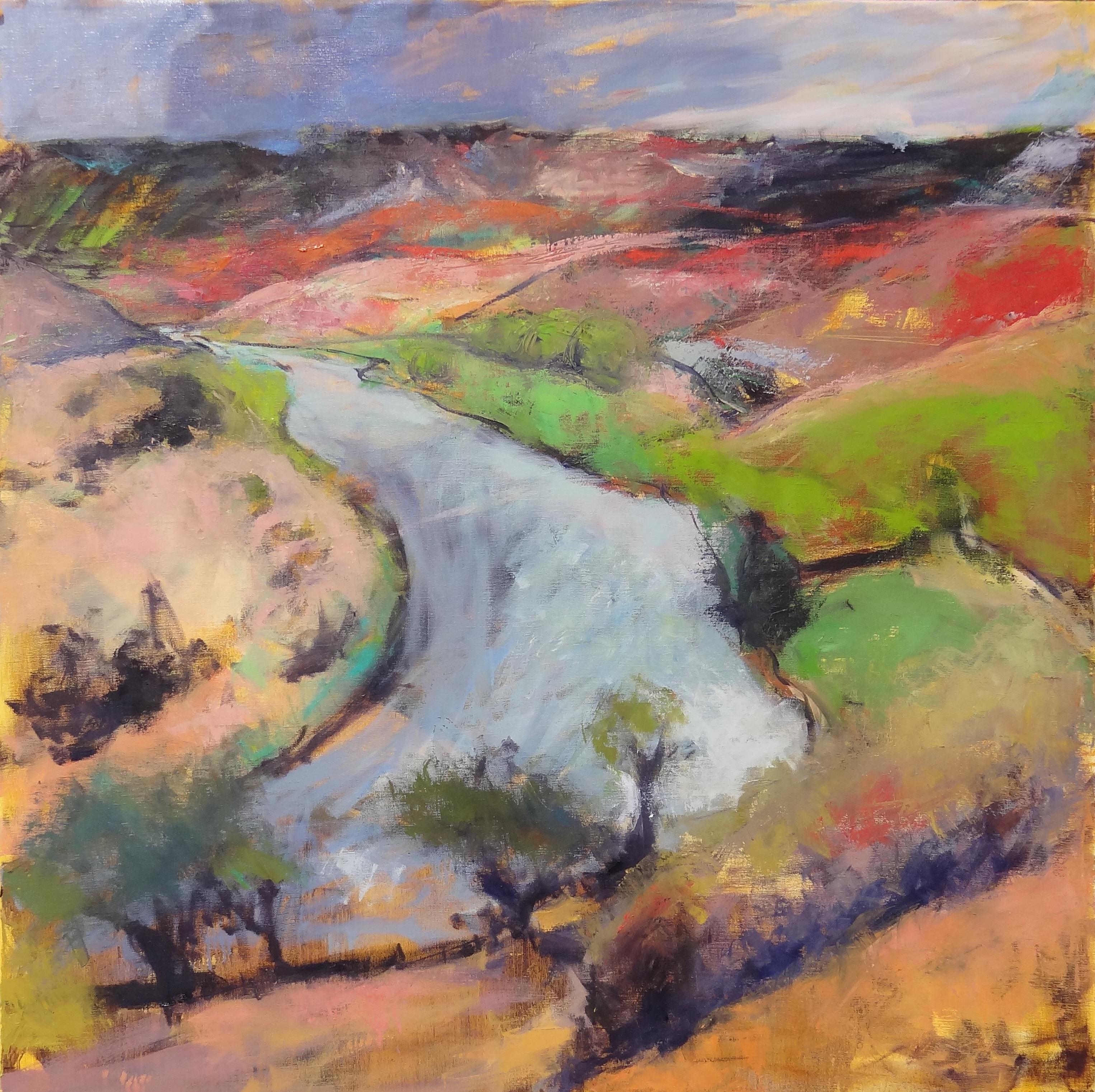 Landscape Painting Carol Tippit Woolworth - Big Rio, peinture à l'huile originale d'un paysage expressionniste contemporain sur lin