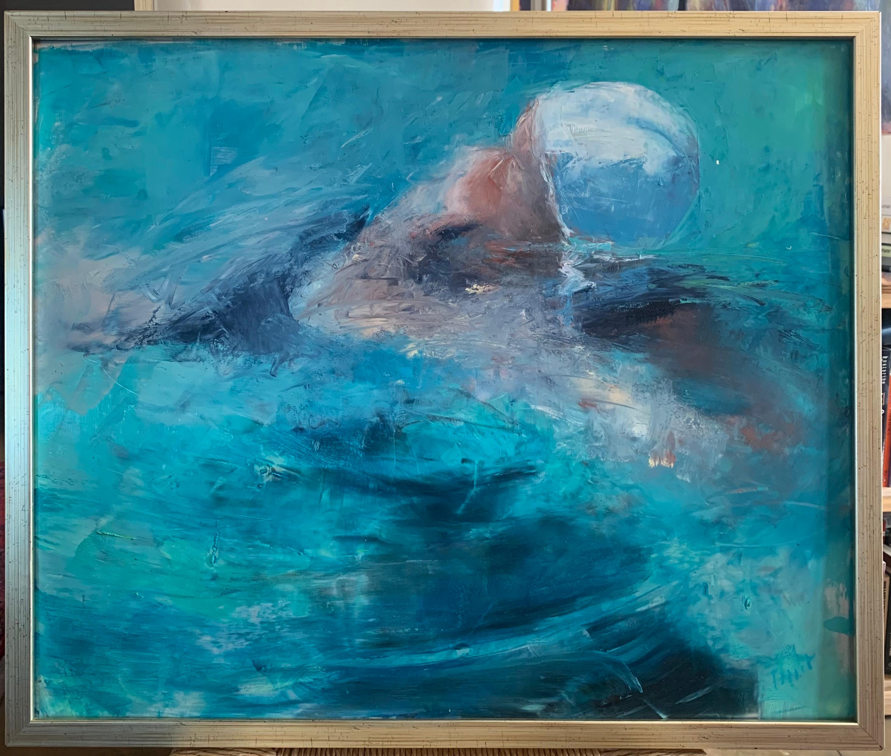 Side Stroke
24.0 x 30.0 x 1.0, 5.0 lbs 
Oil Paint
Hand signed by artist 

Description:
An original, contemporary oil painting by Carol Tippit Woolworth. Woolworth uses expressive and gestural marks to depict a woman swimming through the bright blue