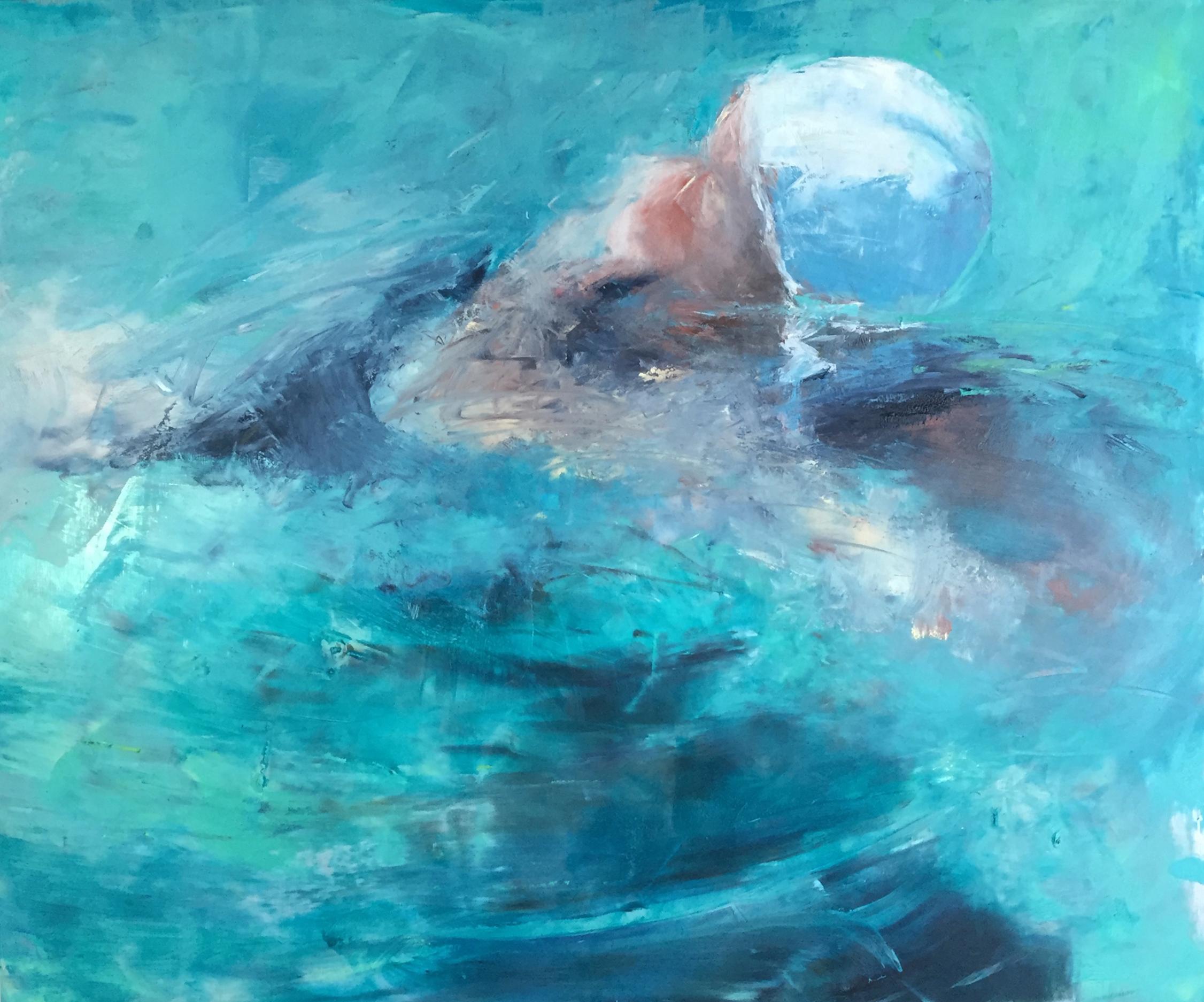 Carol Tippit Woolworth Figurative Painting - Side Stroke - Abstract Impressionist Swimmer Oil Painting, 2018