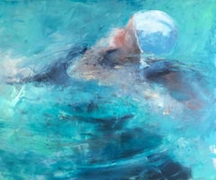 Vintage Side Stroke - Abstract Impressionist Swimmer Oil Painting, 2018