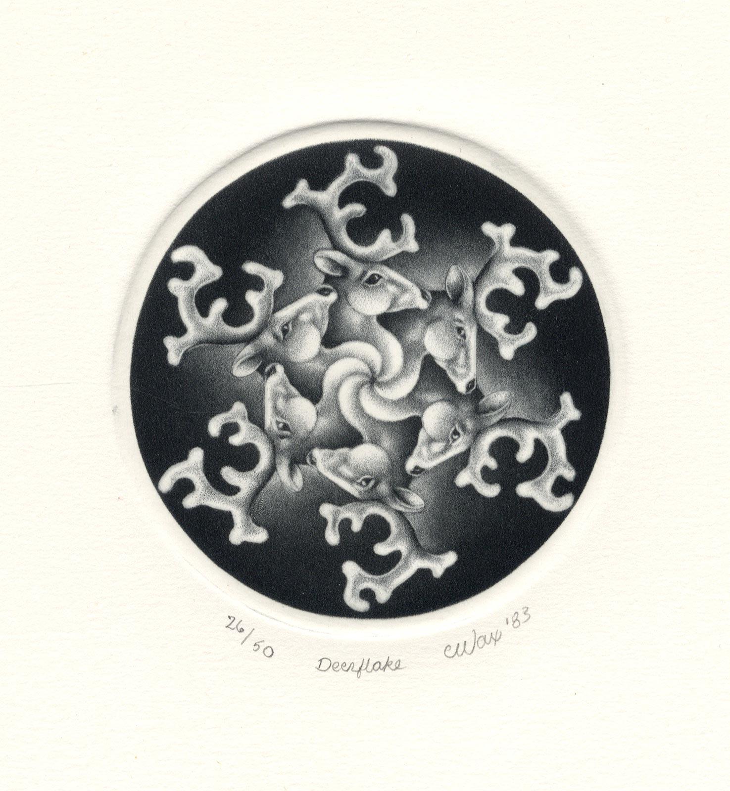 Deerflake (Das erste Werk des Künstlers, das den Solstice / den Hirsch als Schneeflocke feiert) (Grau), Abstract Print, von Carol Wax