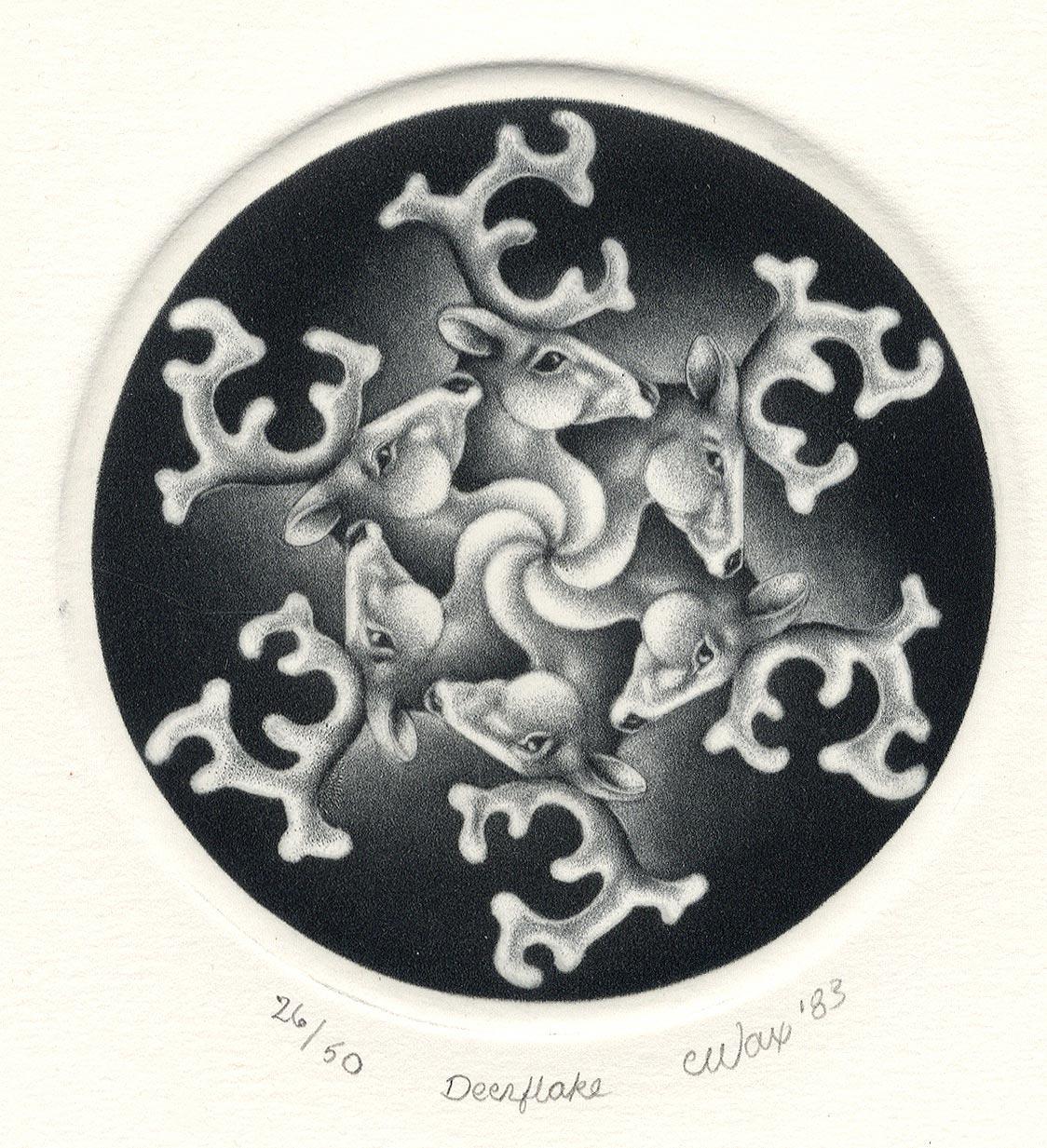 Carol Wax Abstract Print – Deerflake (Das erste Werk des Künstlers, das den Solstice / den Hirsch als Schneeflocke feiert)