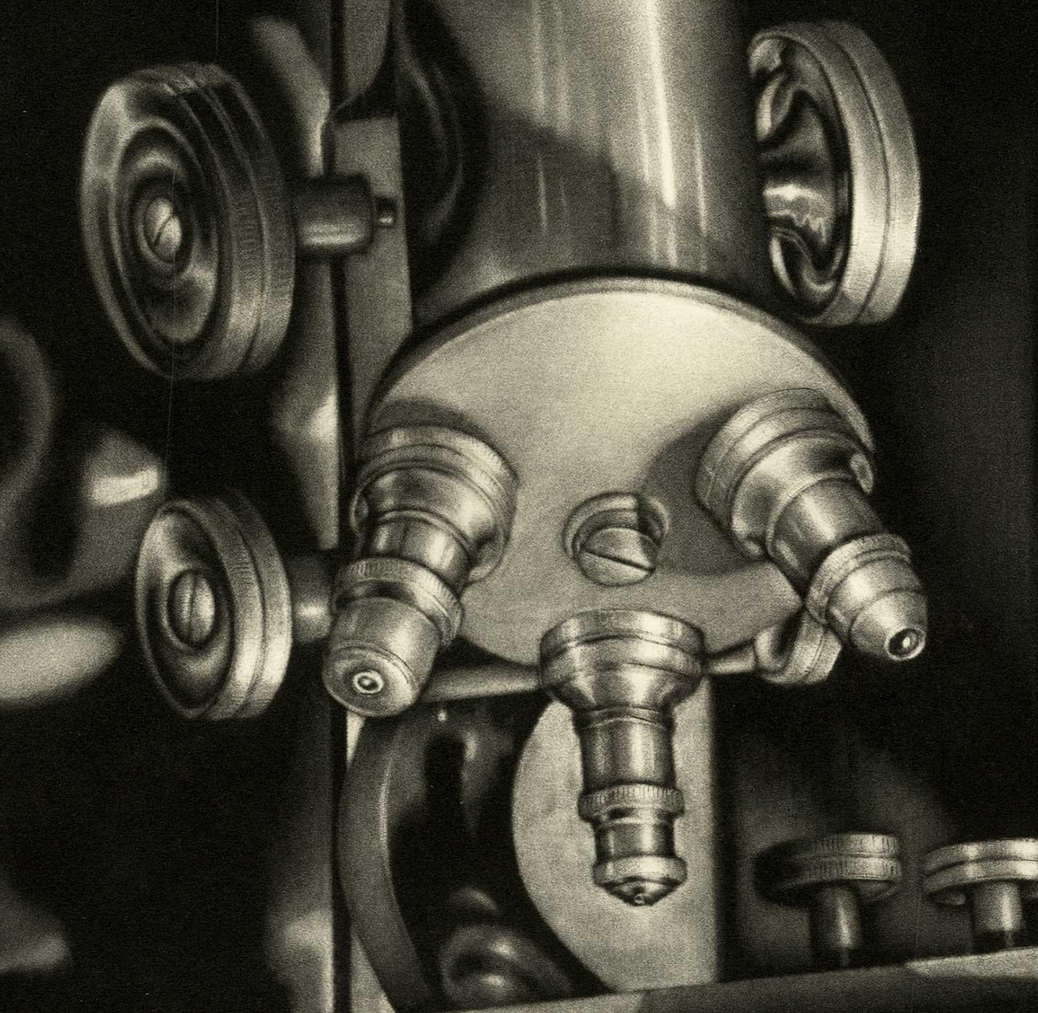 Grandpa's Microscope (Vintage Leitz instrument, box from artist's grandfather) - Print by Carol Wax