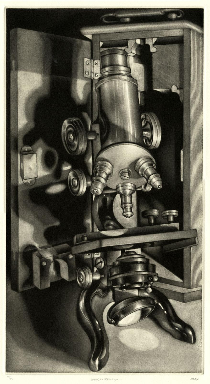 Grandpa's Microscope (Vintage Leitz instrument, box from artist's grandfather) - American Modern Print by Carol Wax