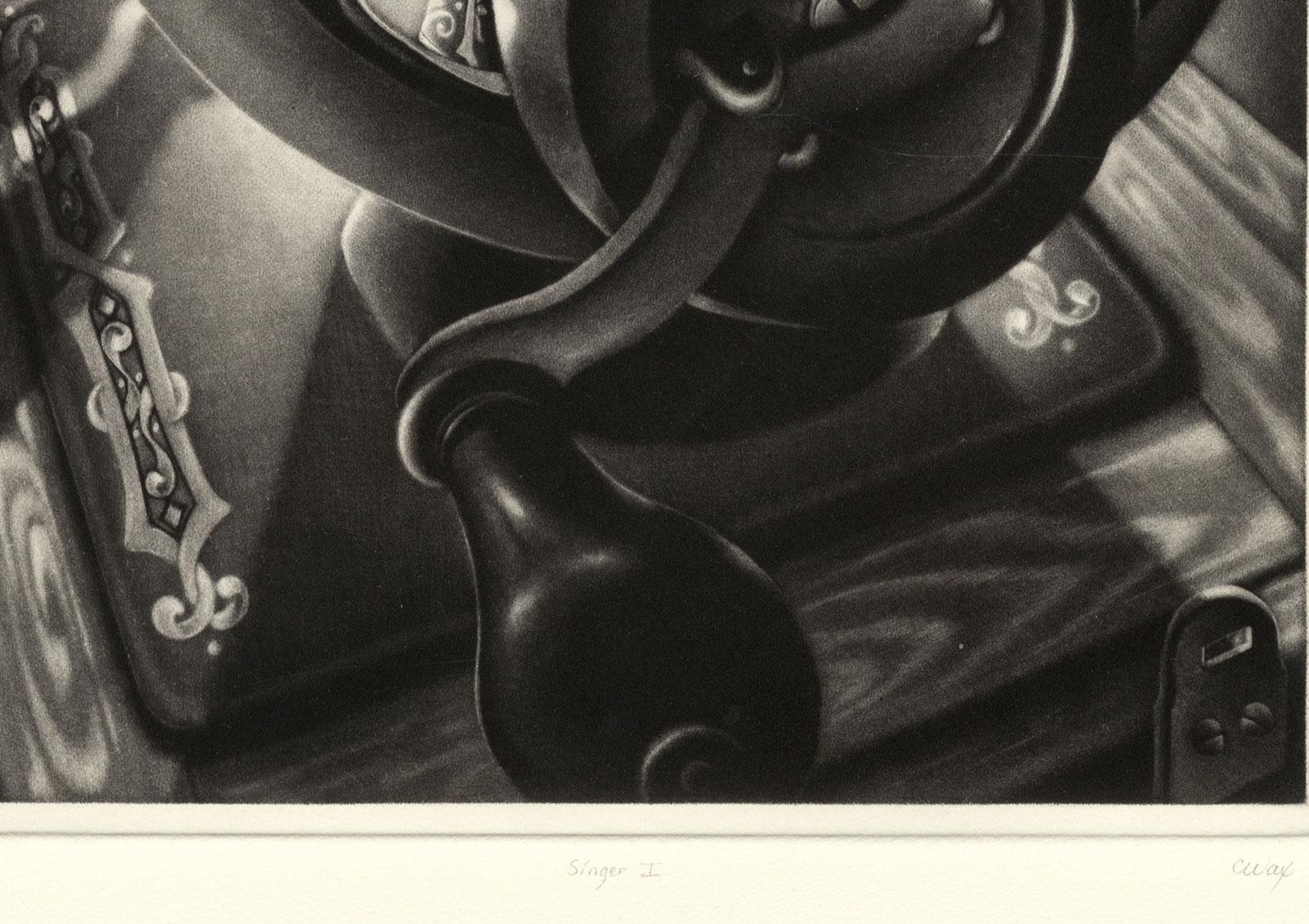 Singer I (Verzerrte Perspektive mit Schatten einer alten Singer-Typmaschine) (Zeitgenössisch), Print, von Carol Wax