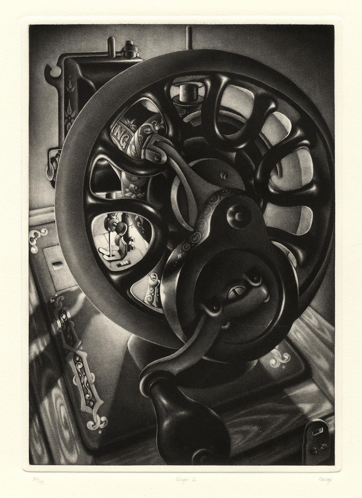 Singer I (Verzerrte Perspektive mit Schatten einer alten Singer-Typmaschine) (Schwarz), Still-Life Print, von Carol Wax