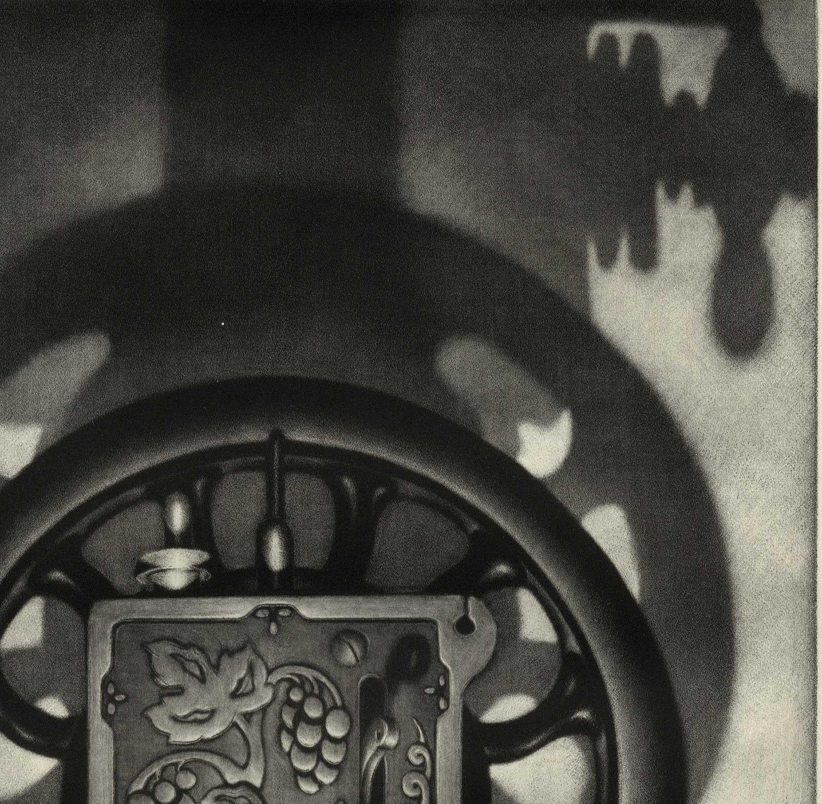 Singer II (Woodgrain, incised metal plate of a Singer typewriter casts shadows) - Print by Carol Wax