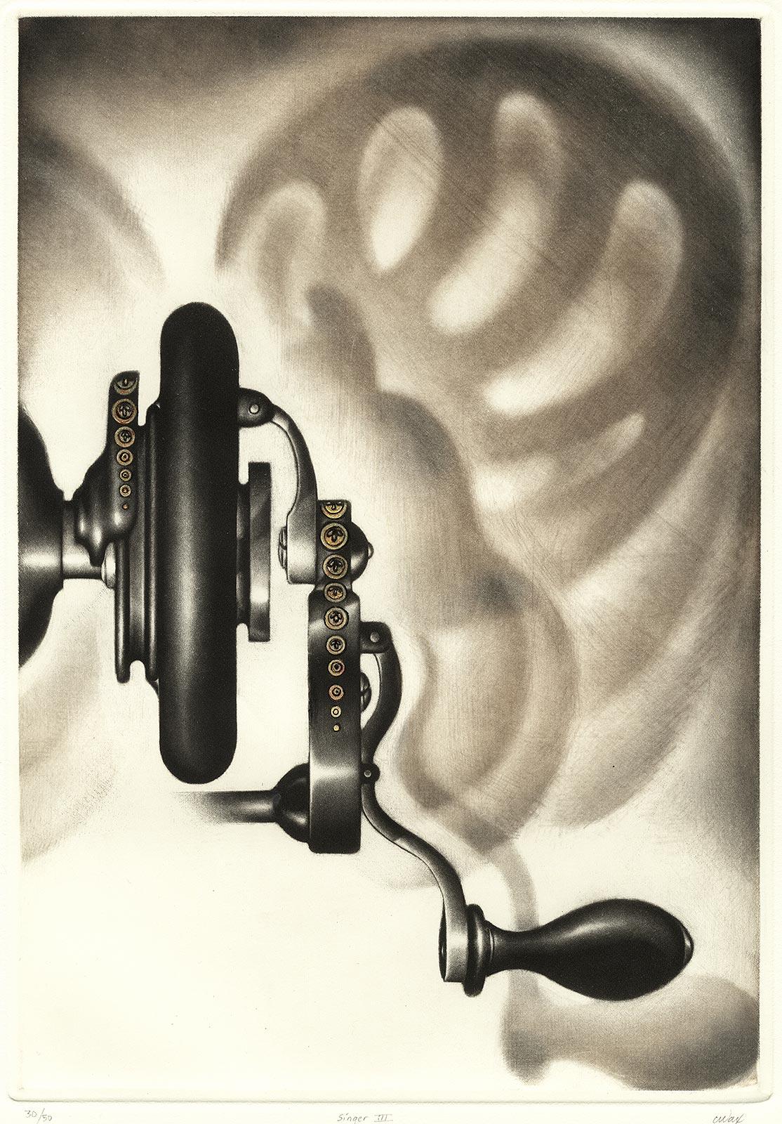 Singer III (La roue tournant d'une machine à couture projette des ombres sur le mur) - Beige Still-Life Print par Carol Wax