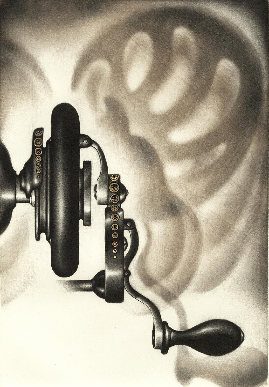 Carol Wax Still-Life Print - Singer III (The wheel turning part of a sewing machine casts shadows on wall)