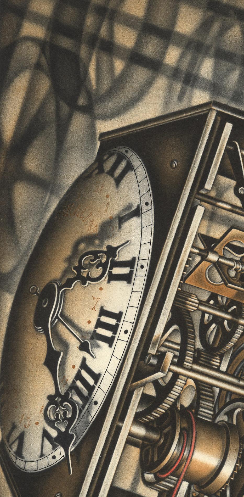 Time Lines (Clock that contrasts delicate hands with stark form of its casing) - American Modern Print by Carol Wax