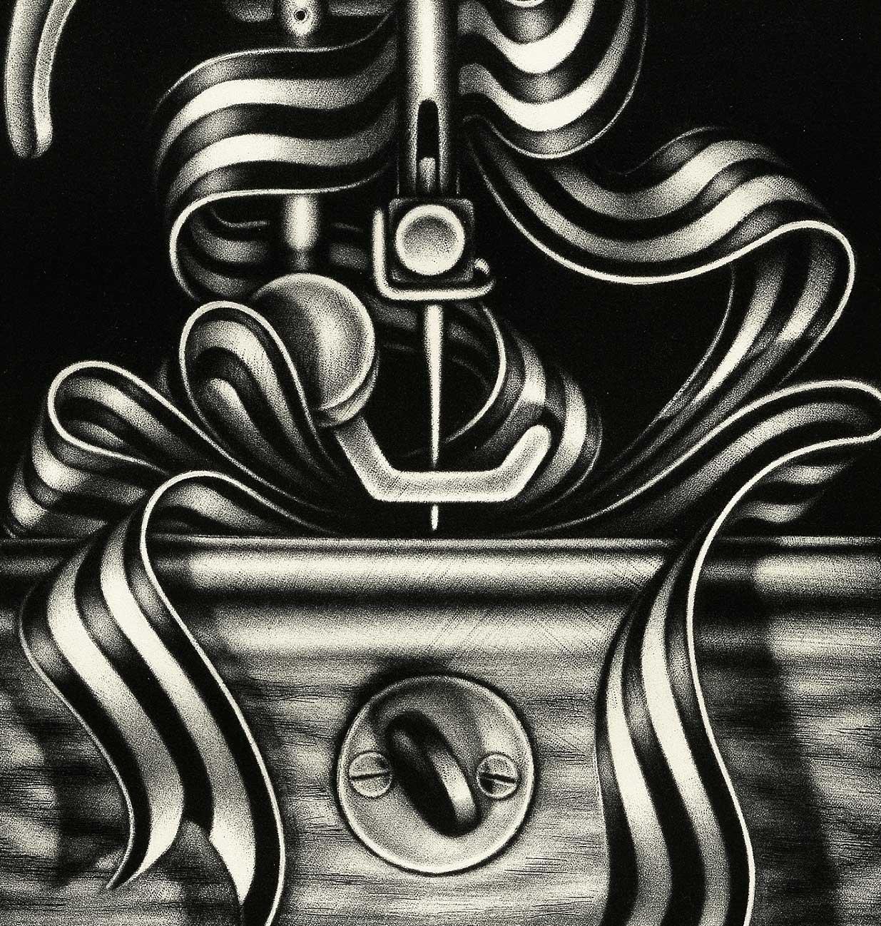 Garniture ajustée (la machine à Singer déconstruite donne à la fois un poids égal à l'acier et à la soie) - Modernisme américain Print par Carol Wax