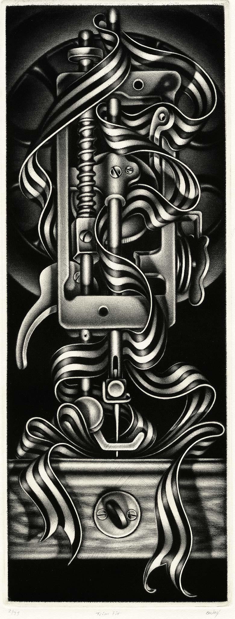 Trim Fit (La máquina Singer deconstruida da el mismo peso al acero y a la seda) - Portrait Print Negro de Carol Wax