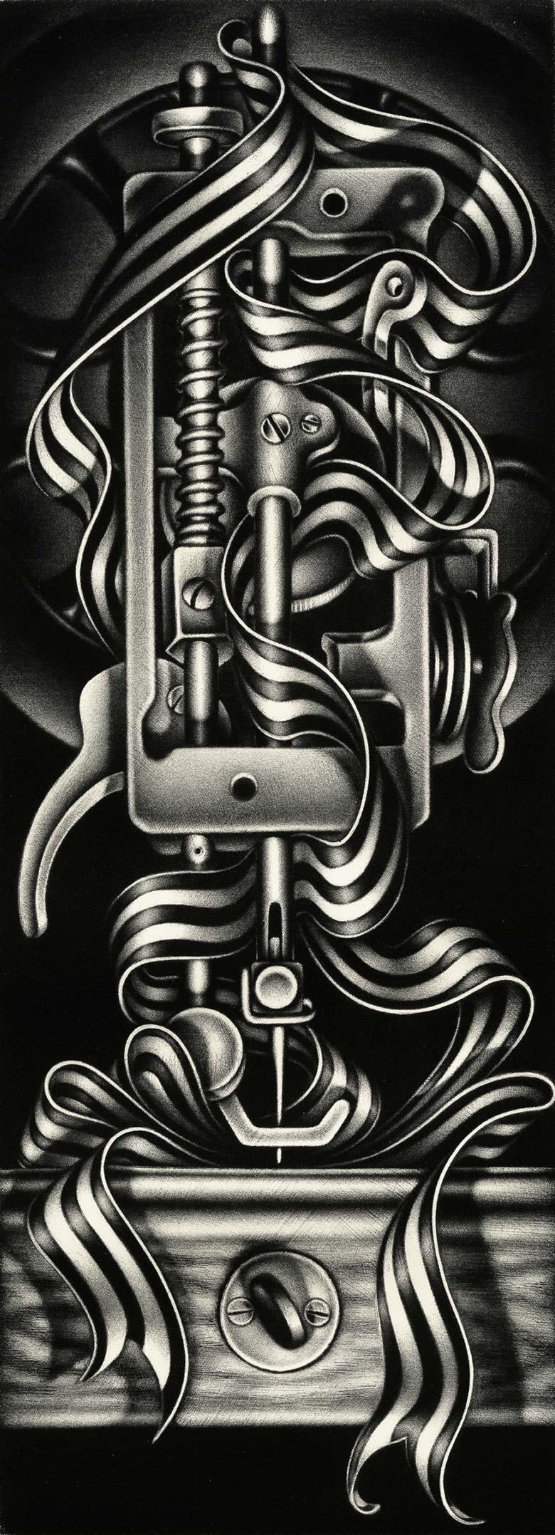 Portrait Print Carol Wax - Garniture ajustée (la machine à Singer déconstruite donne à la fois un poids égal à l'acier et à la soie)