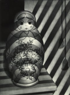 Retro Venetian Blinds Russian Doll (Matryoshka resting dolls with light from blinds)