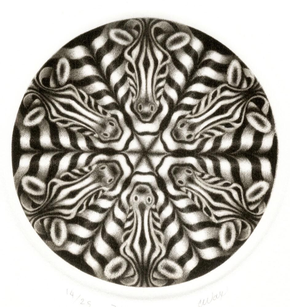 Zebragramm (ein stilisiertes, kreisförmiges Design, das durch wiederholte Bilder eines Zebras entsteht)