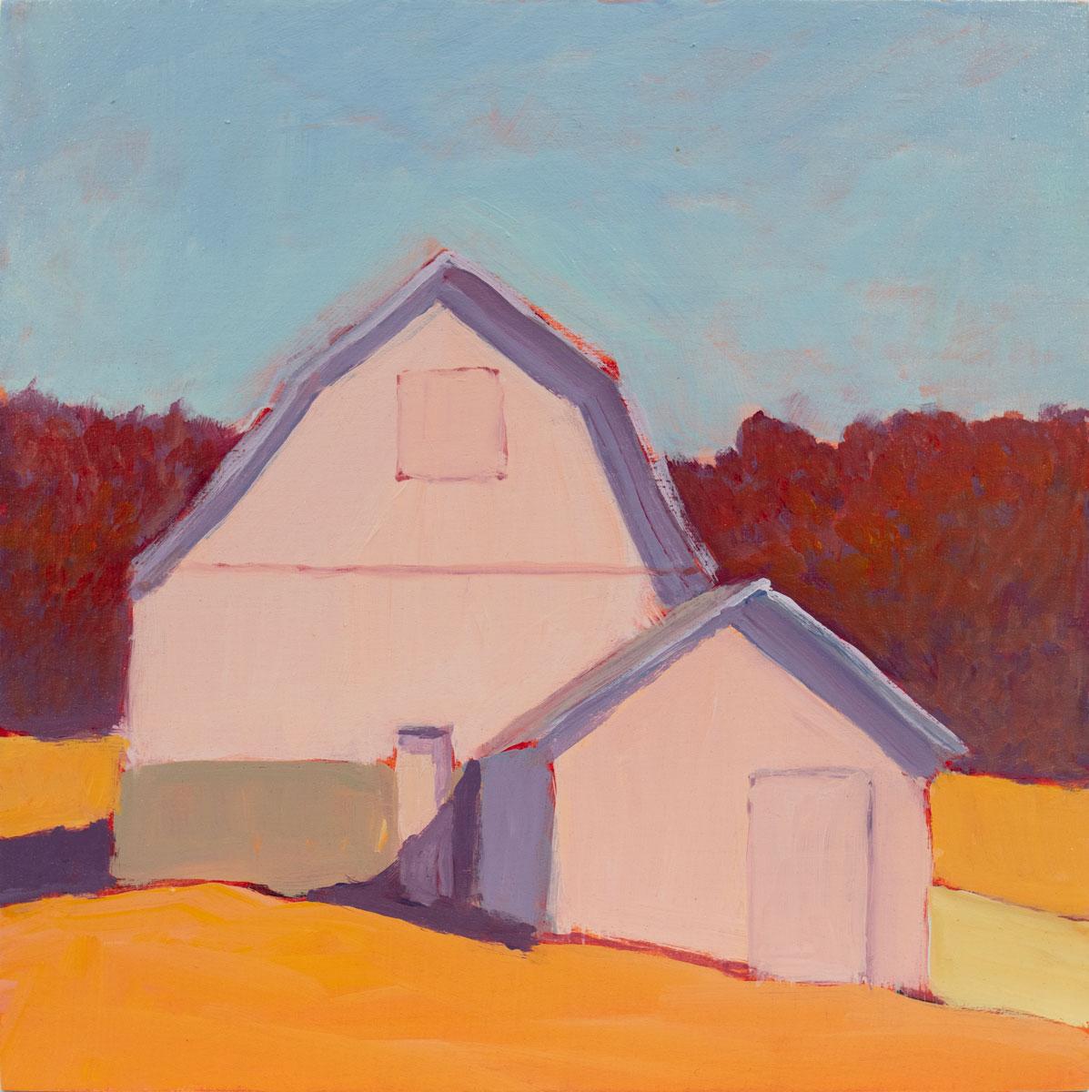 This small contemporary rural landscape painting by Carol Young features a lightly abstract scene of a barn and a warm pink, orange, and red palette. The painting is broken into simplified blocks of color, capturing the warmth of the sun shining on