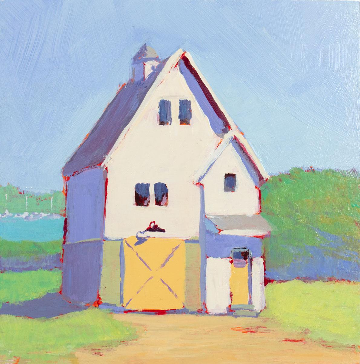 This small contemporary landscape painting by Carol Young features a colorful palette and captures a white and yellow house which casts cool purple shadows onto vibrant green grass beneath a pale blue sky. The painting is signed by the artist on the