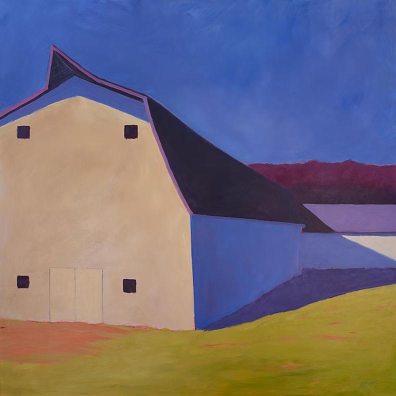 Carol Young, "Blackberry and Lime", 40x40 Colorful Barn Landscape Oil on Board