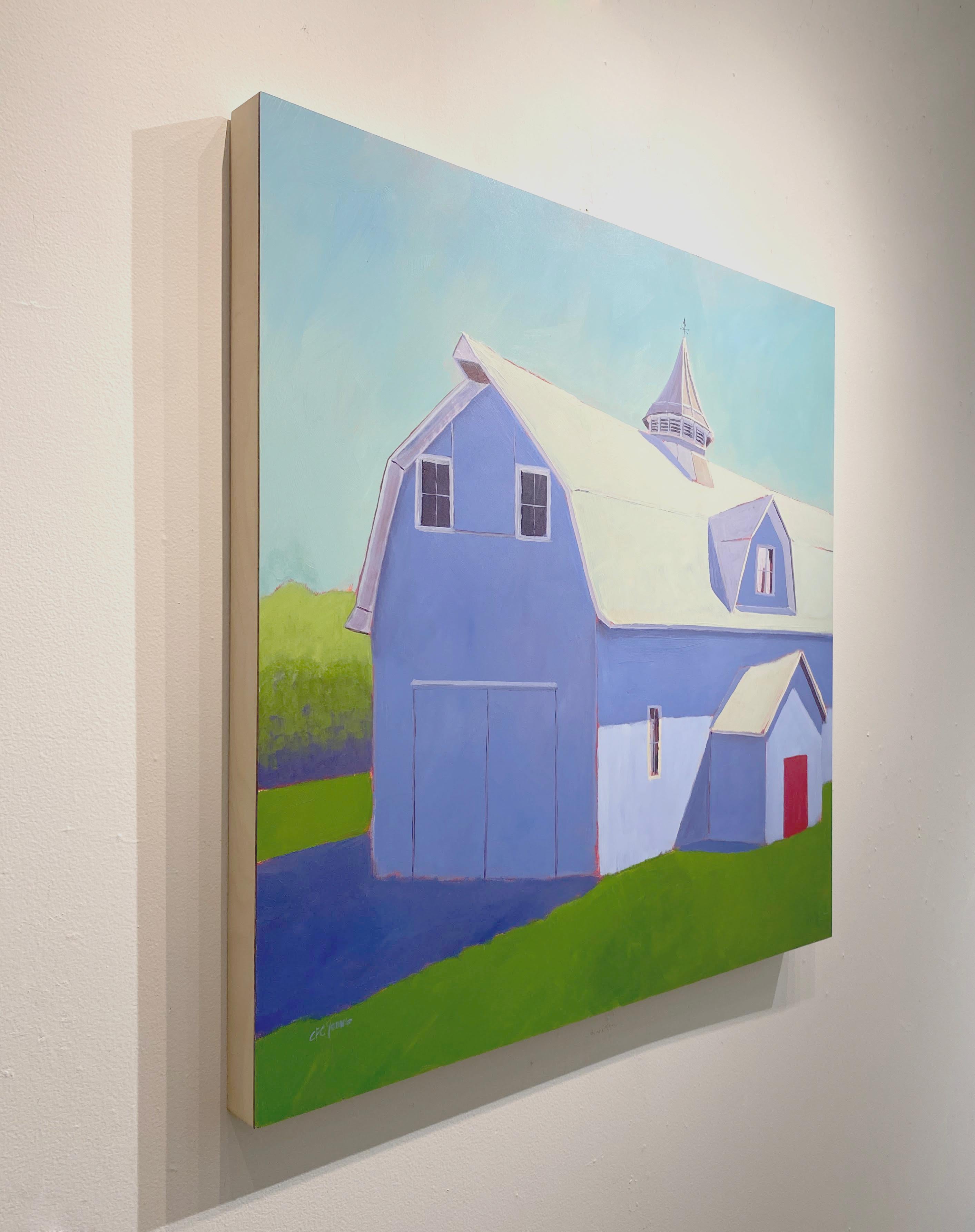 This contemporary landscape painting, “Blueberry Barn” by artist Carol Young is a 36x36 original acrylic painting on a natural wood panel.  This painting depicts a blue structure with a red door in a green rural setting with a teal blue sky.

Like