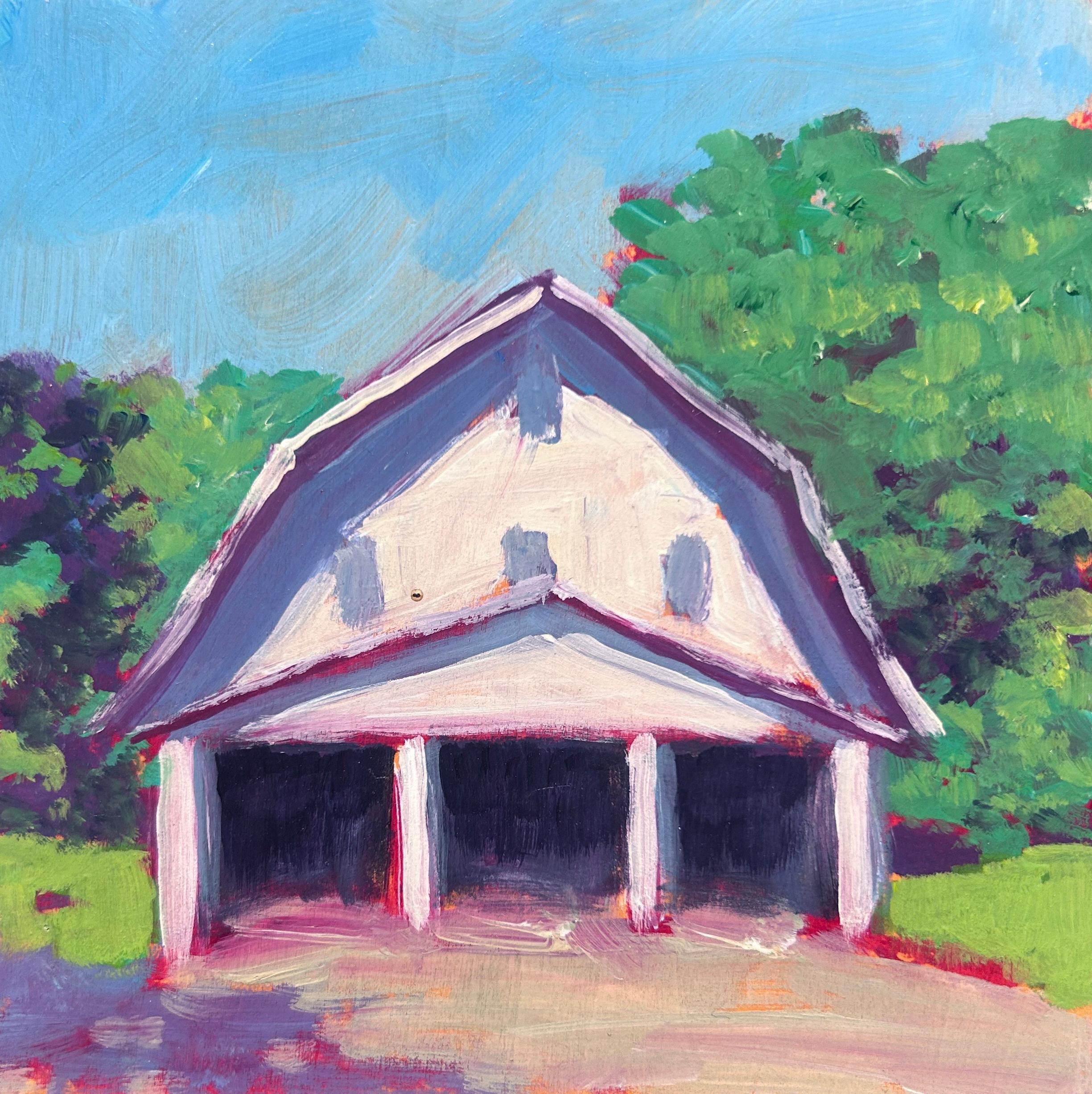 Carol Young, "Versteckte Scheune", 6x6 Bunte Scheunenlandschaft Öl auf Karton