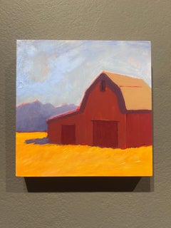 Carol Young, "Honey Fields", 6x6 Colorful Barn Landscape Oil on Board