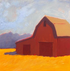 Carol Young, "Honey Fields", 6x6 Colorful Barn Landscape Oil on Board