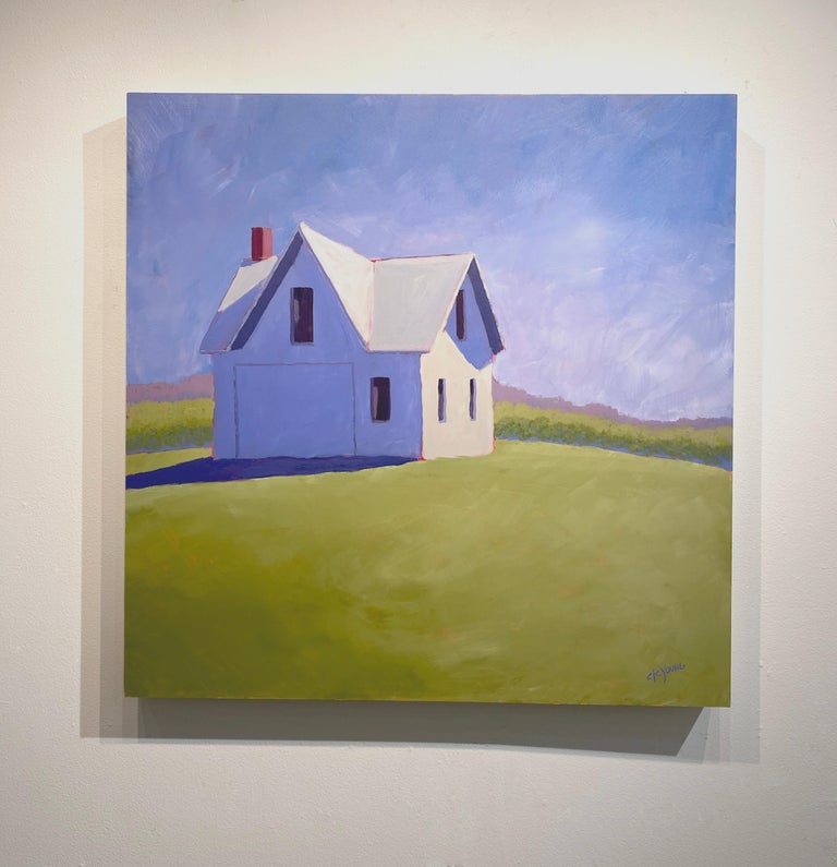 This contemporary landscape painting, “Meadow Hill” by artist Carol Young is a 30x30 original acrylic painting on a natural wood panel.  This painting depicts a white structure sitting on a green hill in a rural setting with a deep blue sky.

Like