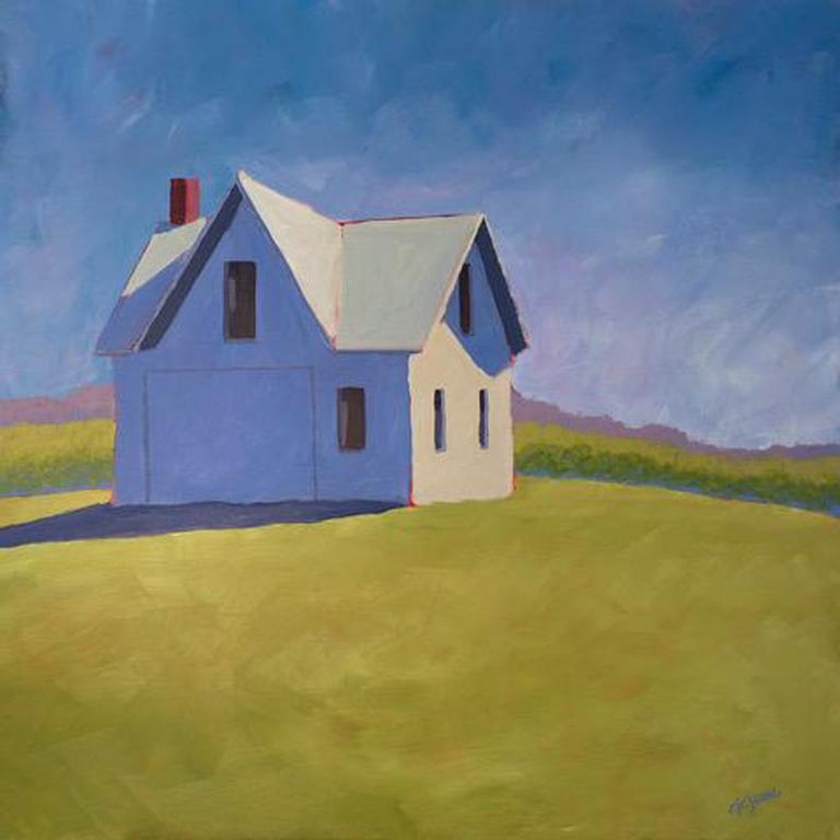 Carol Young, "Meadow Hill", Barn Landscape Acrylic Painting on Board, 2020 - Gray Landscape Painting by Carol Young