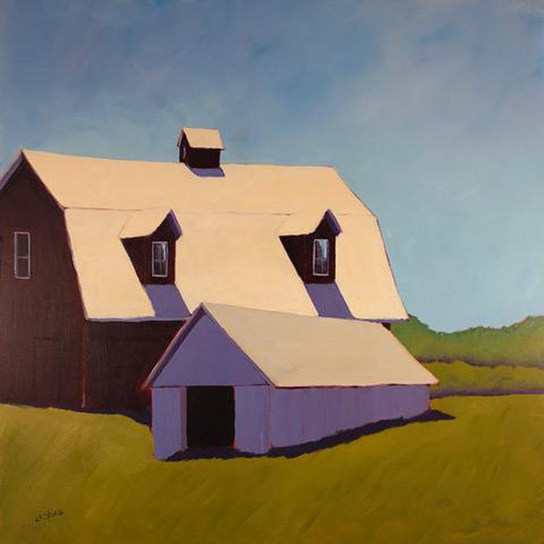 Carol Young, "Midday Vermont", 30x30 Colorful Barn Landscape Oil Painting 