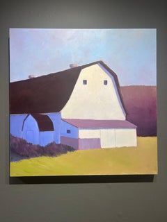 Carol Young, "Muted Mauve", 30x30 Colorful Barn Landscape Oil on Canvas